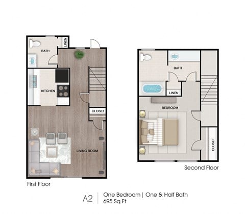 Floor plan for 1 bed, 1.5 baths, 760 sqft